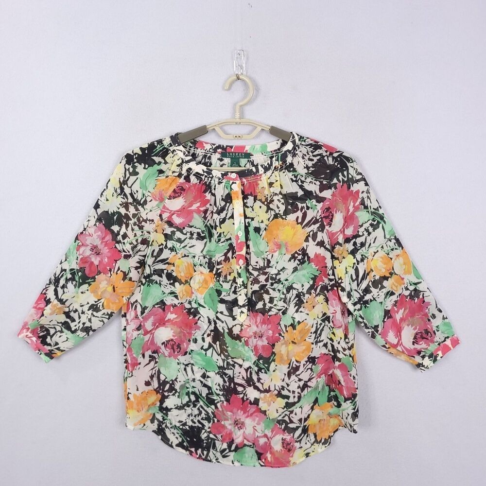 Lauren Ralph Lauren Tunic Top Womens S Floral 3/4 Sleeve Sheer BUtton Boat Neck